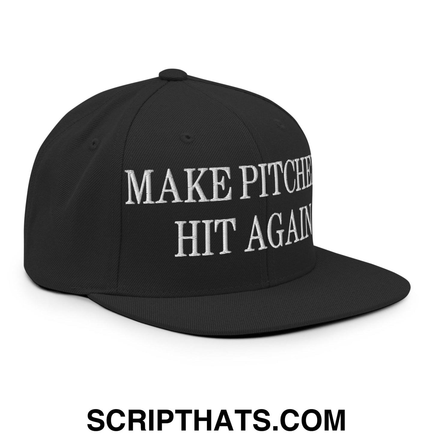 Black snapback cap with white embroidered make pitcher hit again text and flat bill brim design