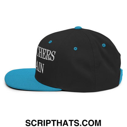 Black and teal snapback hat with white embroidered Make Pitchers Hit Again text and flat bill brim