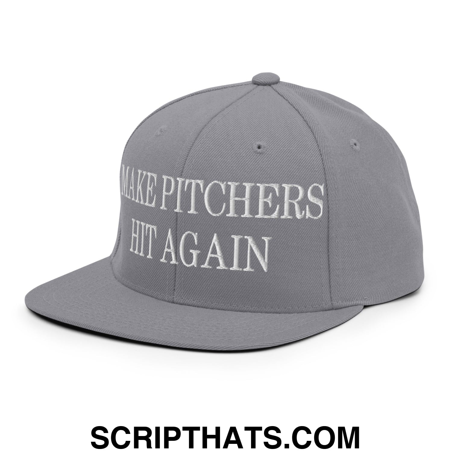Gray snapback hat with white embroidered make pitchers hit again text and a flat bill brim design