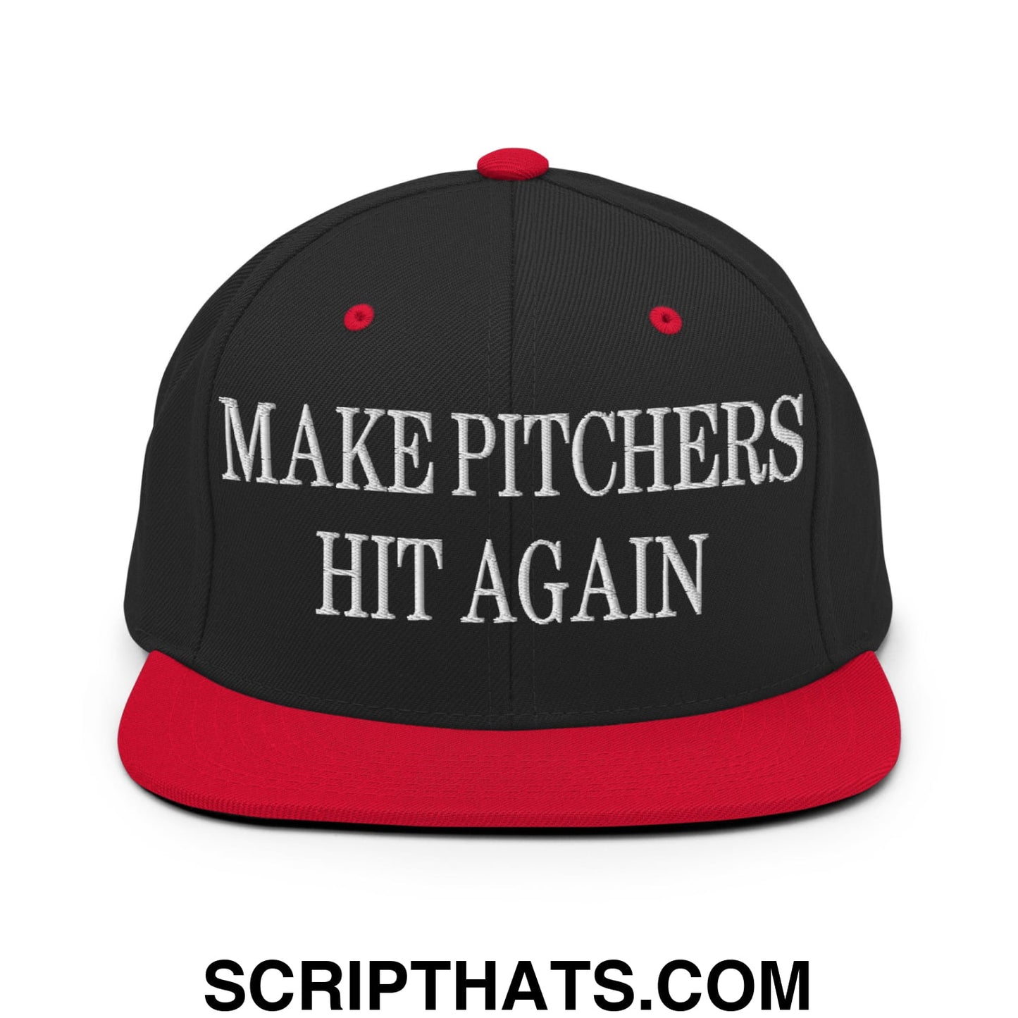 Black and red snapback cap with white embroidered make pitchers hit again text and flat bill brim design