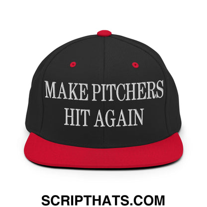 Black and red snapback cap with white embroidered make pitchers hit again text and flat bill brim design