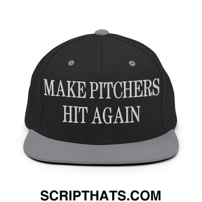Black snapback cap with gray brim and button featuring white embroidered make pitchers hit again text