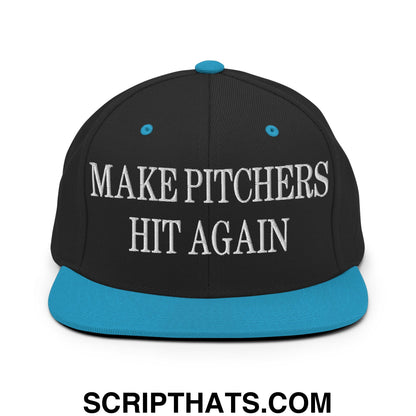 Black snapback cap with teal brim and button featuring white embroidered make pitchers hit again text