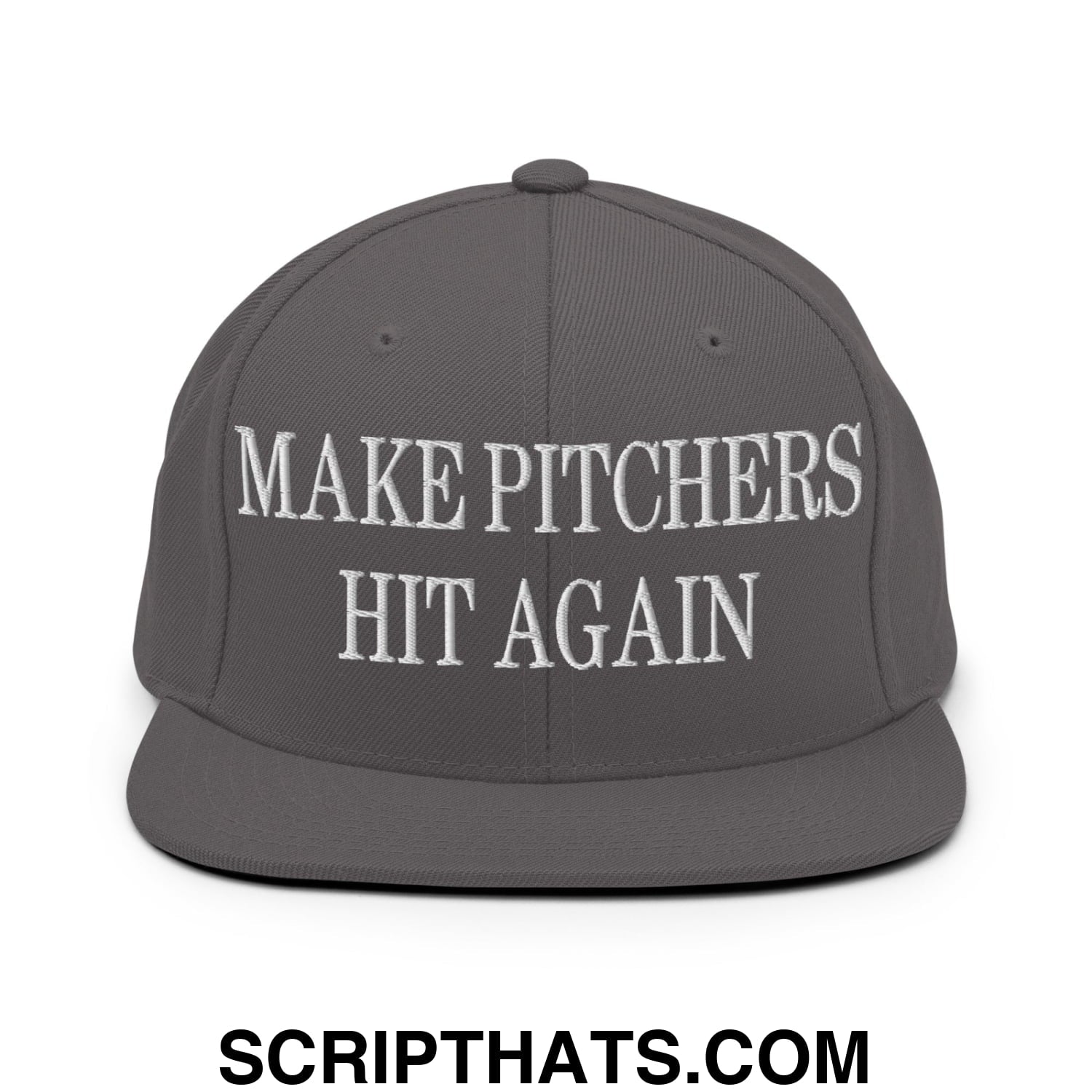 Gray snapback hat with flat bill brim and white embroidered text make pitchers hit again on the front