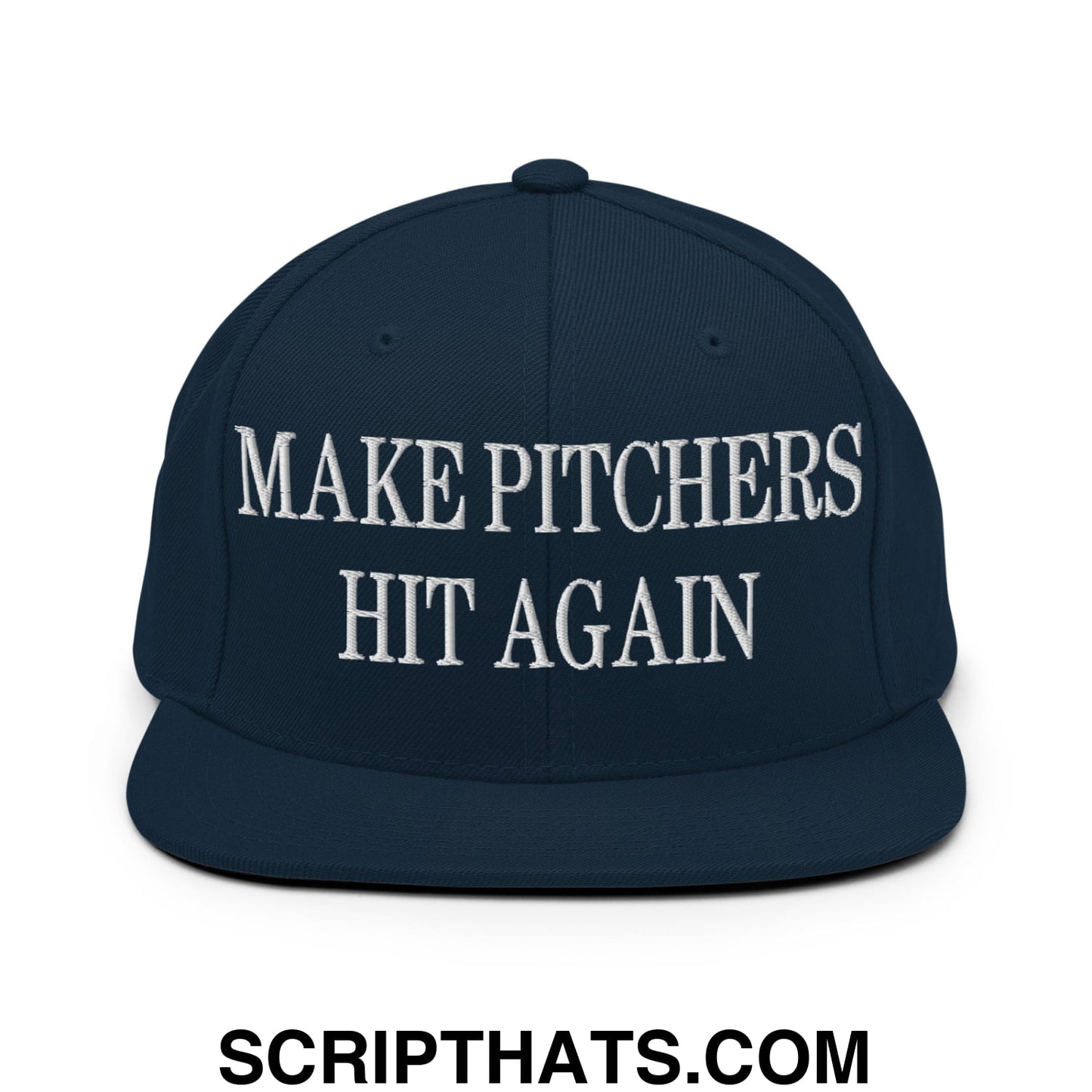 Navy blue snapback hat with white embroidered make pitchers hit again text and a flat bill brim design