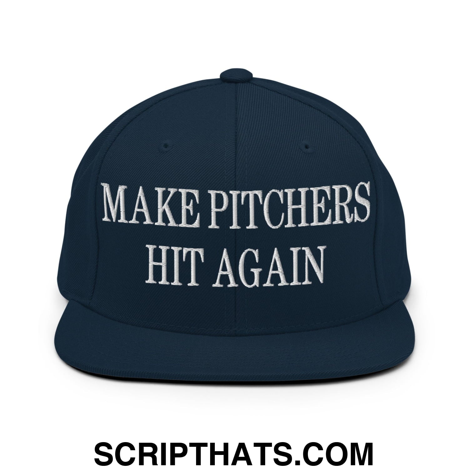 Navy blue snapback hat with white embroidered make pitchers hit again text and a flat bill brim design