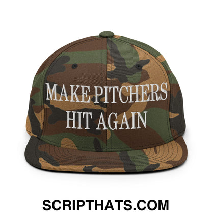 A camouflage snapback hat with white embroidered text make pitchers hit again and a flat bill brim design
