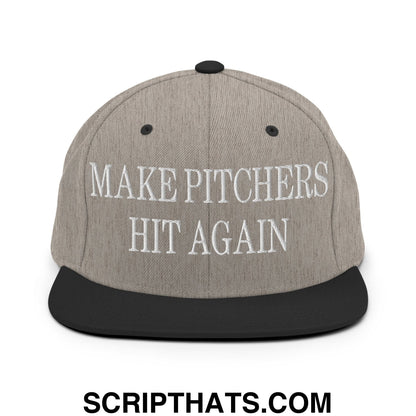 Gray heather snapback cap with black brim and white embroidered make pitchers hit again text on front panel