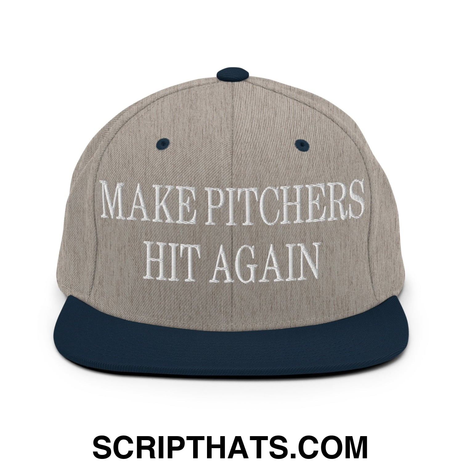 Gray and navy blue snapback cap with white embroidered make pitchers hit again text and flat bill brim design