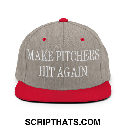 Gray and red snapback hat with white embroidered make pitchers hit again text and flat bill brim design