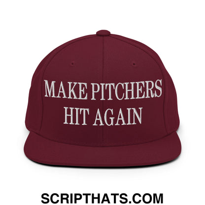 Maroon snapback hat with white embroidered make pitchers hit again text and flat bill brim for casual wear