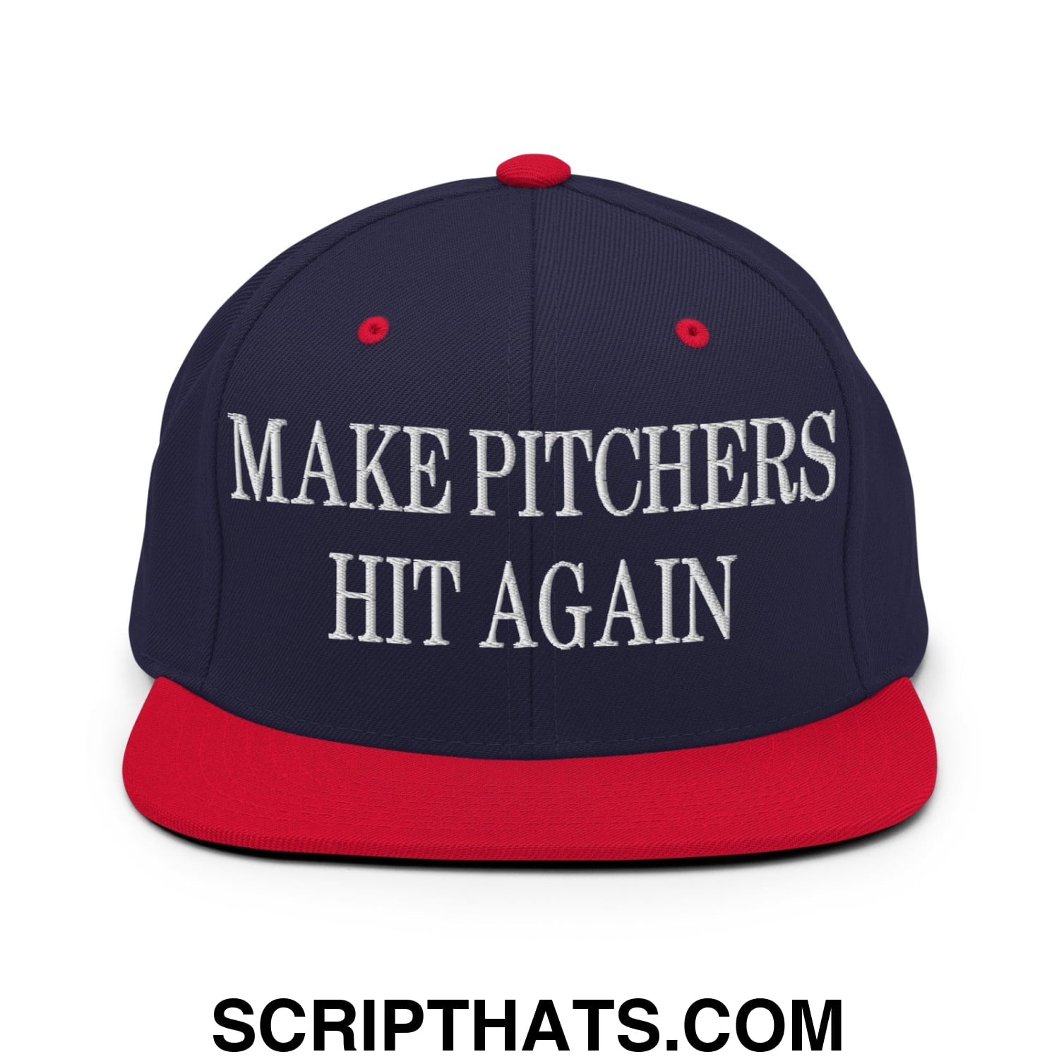 Navy blue and red snapback cap with white embroidered make pitchers hit again text and flat bill brim design