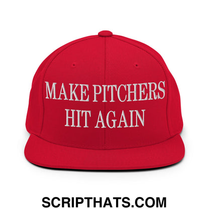 Red snapback cap with white embroidered make pitchers hit again text and flat bill brim for casual wear