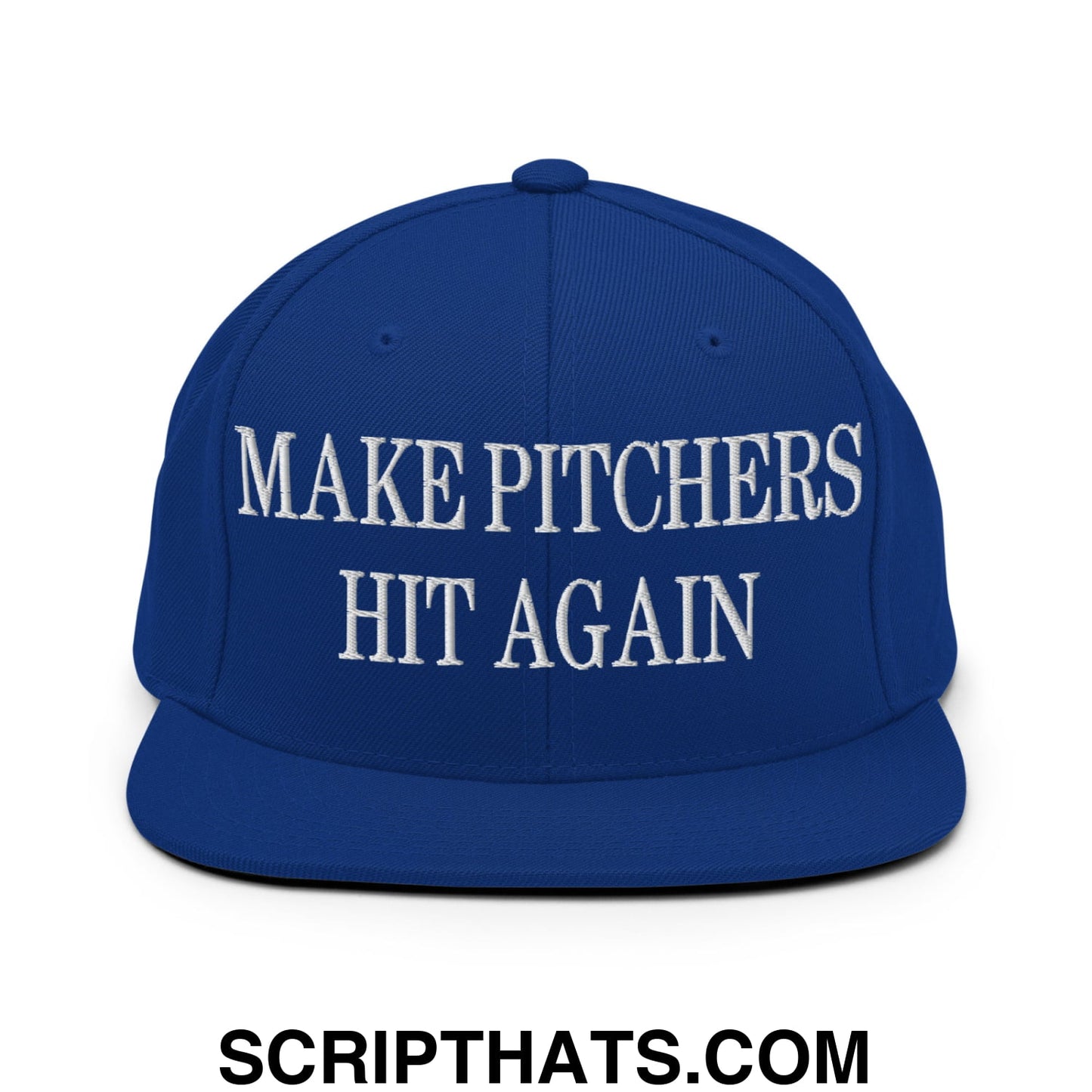 Royal blue snapback hat with white embroidered make pitchers hit again text and flat bill brim design