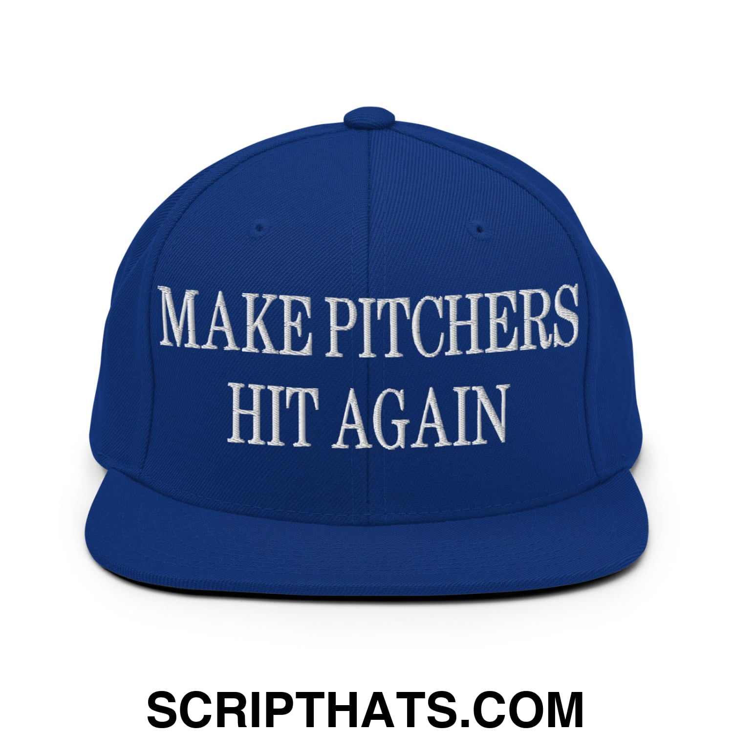 Royal blue snapback hat with white embroidered make pitchers hit again text and flat bill brim design