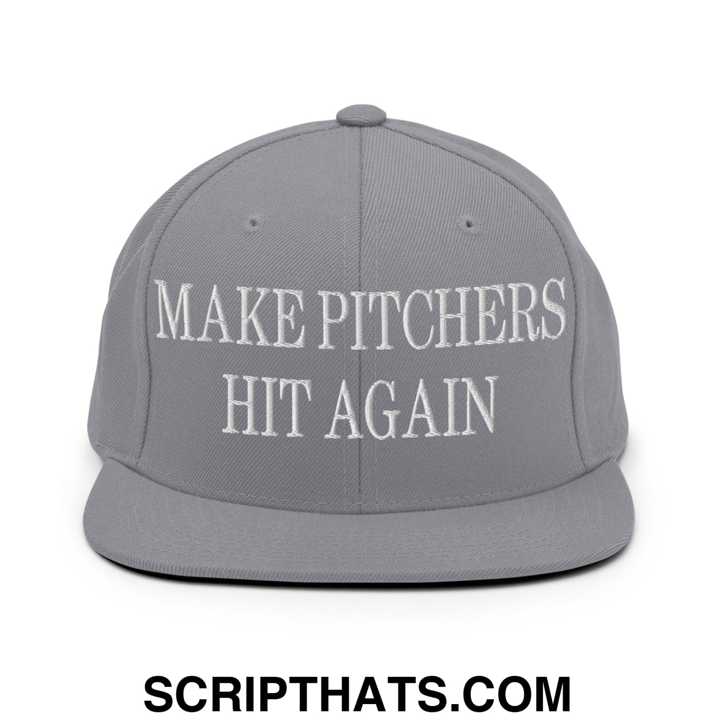 Gray snapback hat with white embroidered text make pitchers hit again featuring a flat bill brim design