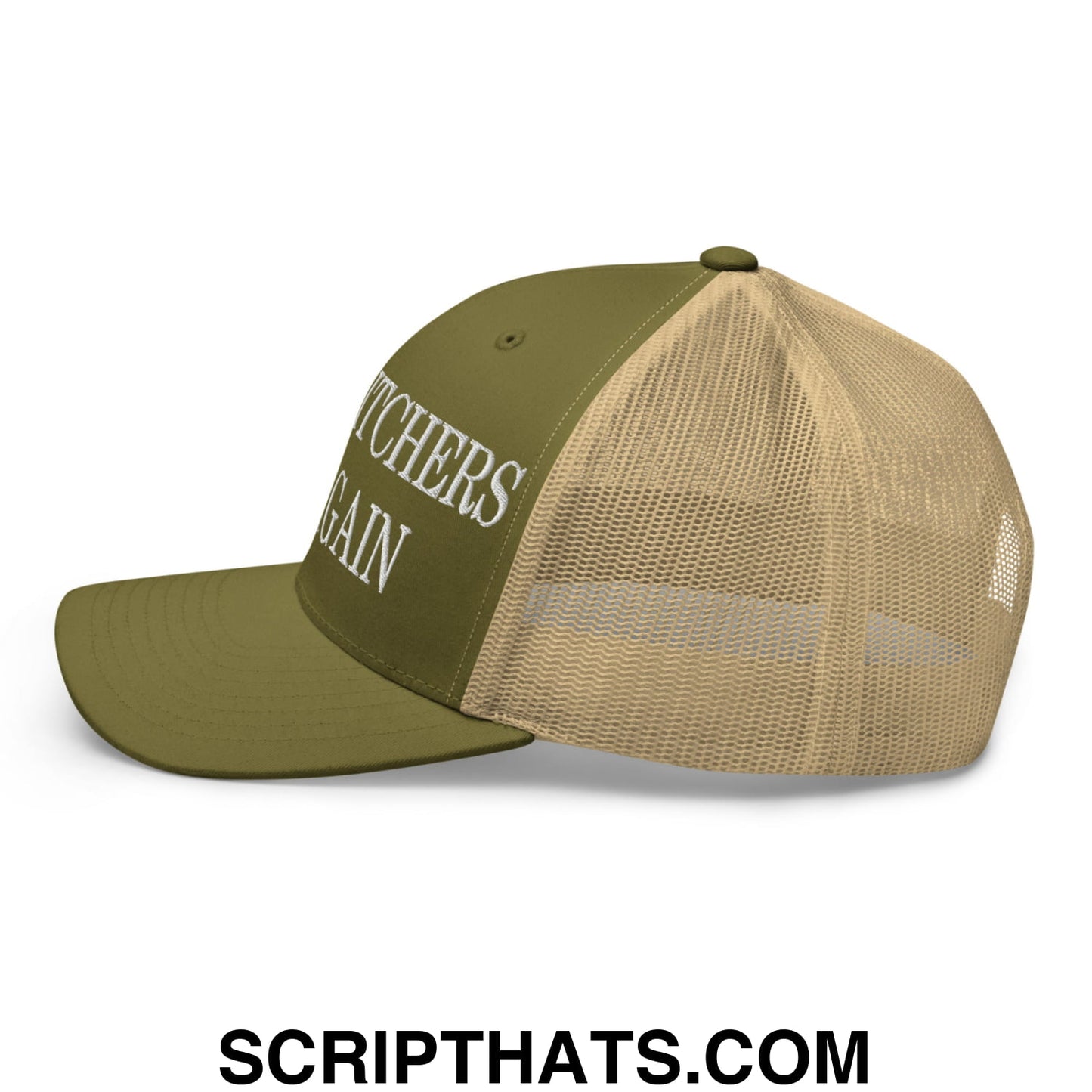 Olive green and tan mesh trucker hat with white embroidered text watchers again for casual wear