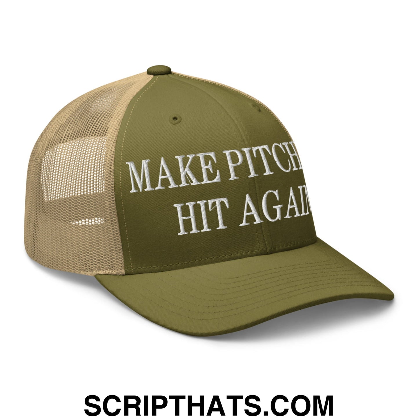 Olive green and tan mesh trucker hat with white embroidered make pitch hit again text in baseball style design