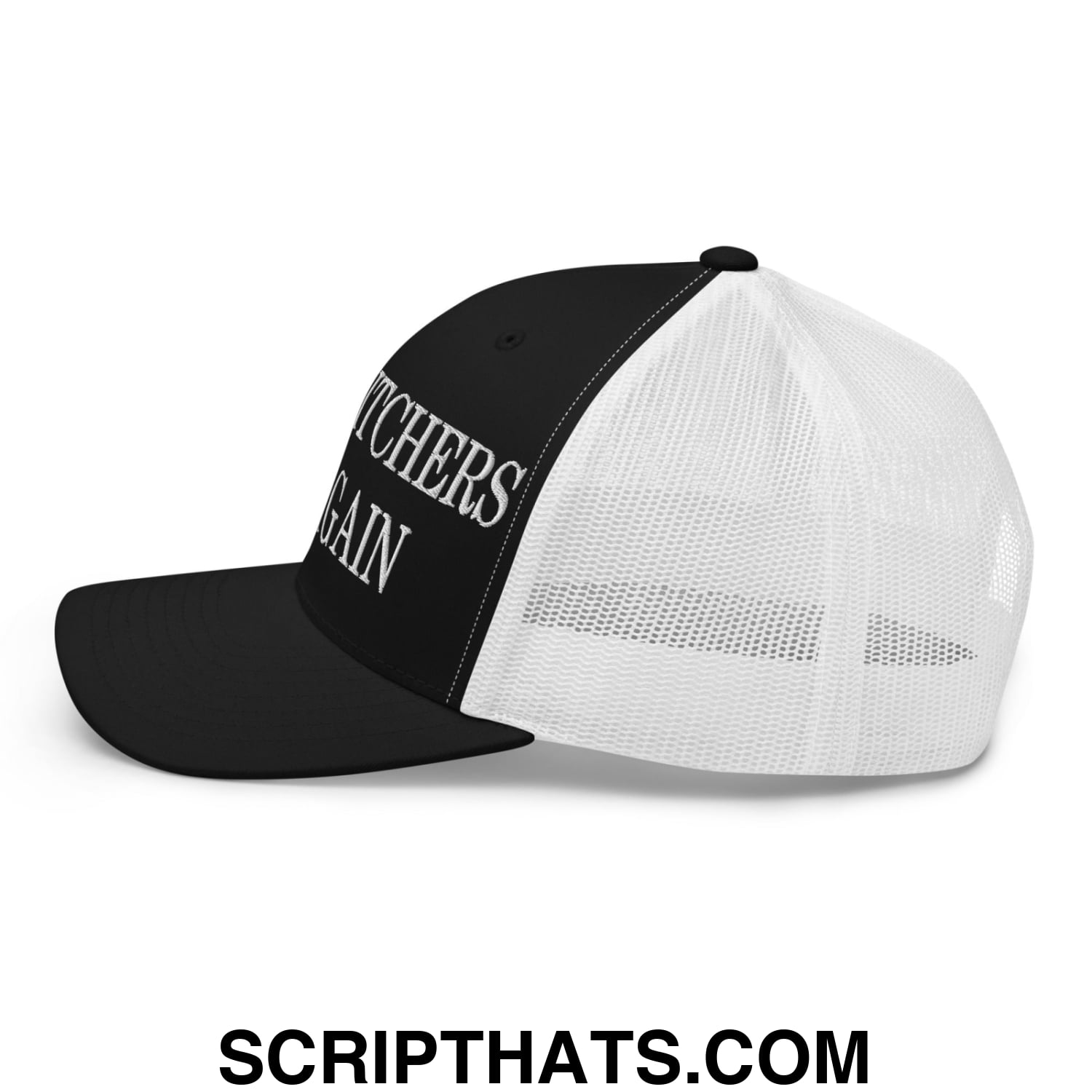 Black and white mesh trucker hat with witchers again embroidered in silver thread on the front panel