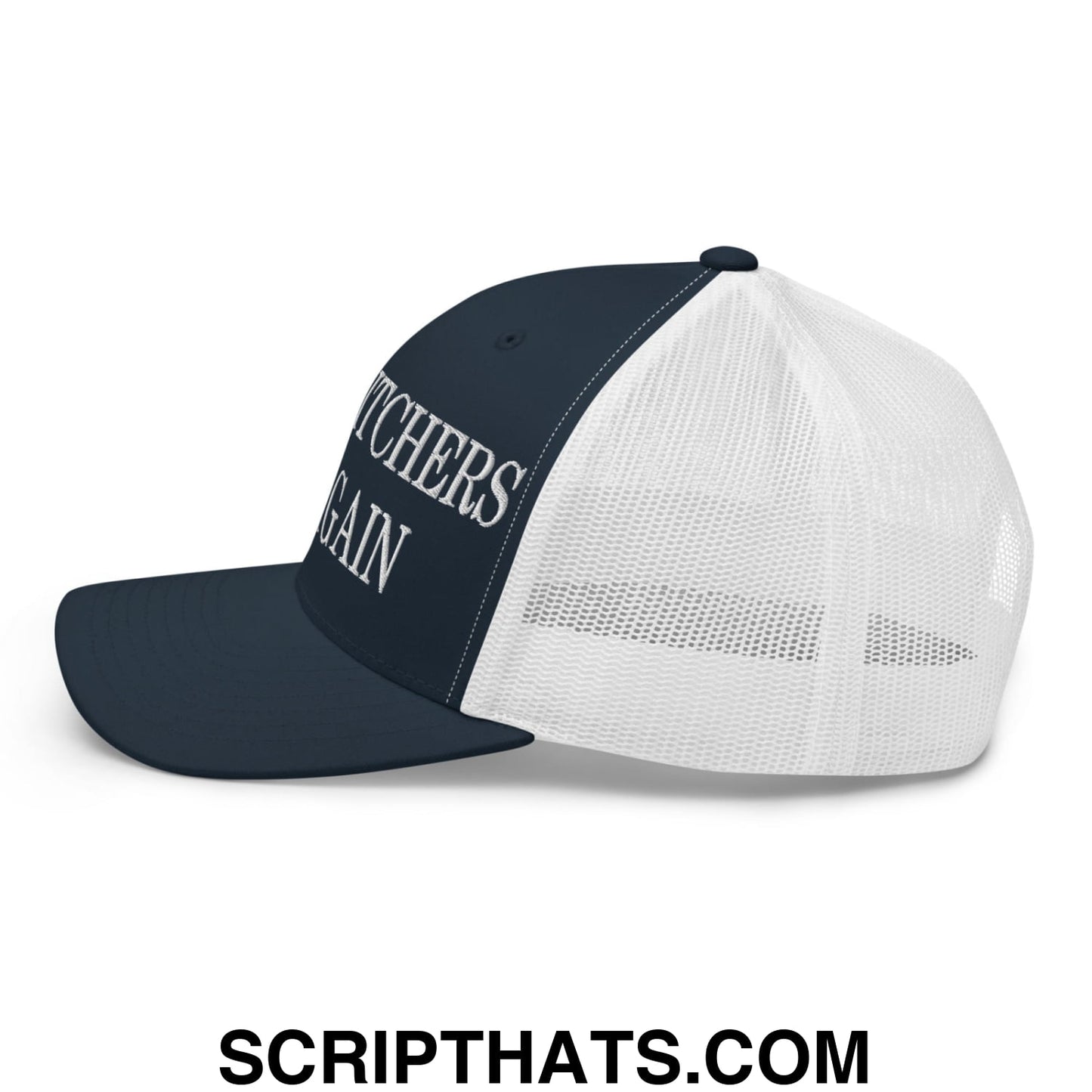 Dark blue and white mesh trucker hat with witchers again embroidered in silver thread on the front panel