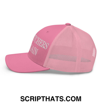 Pink mesh trucker hat with white embroidered witchers again text on front panel for casual wear