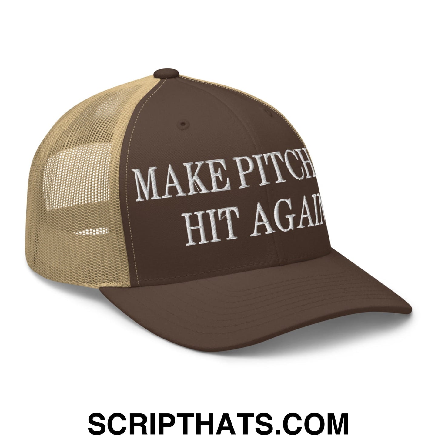 Brown and tan mesh trucker hat with white embroidered make pitch hit again text front design