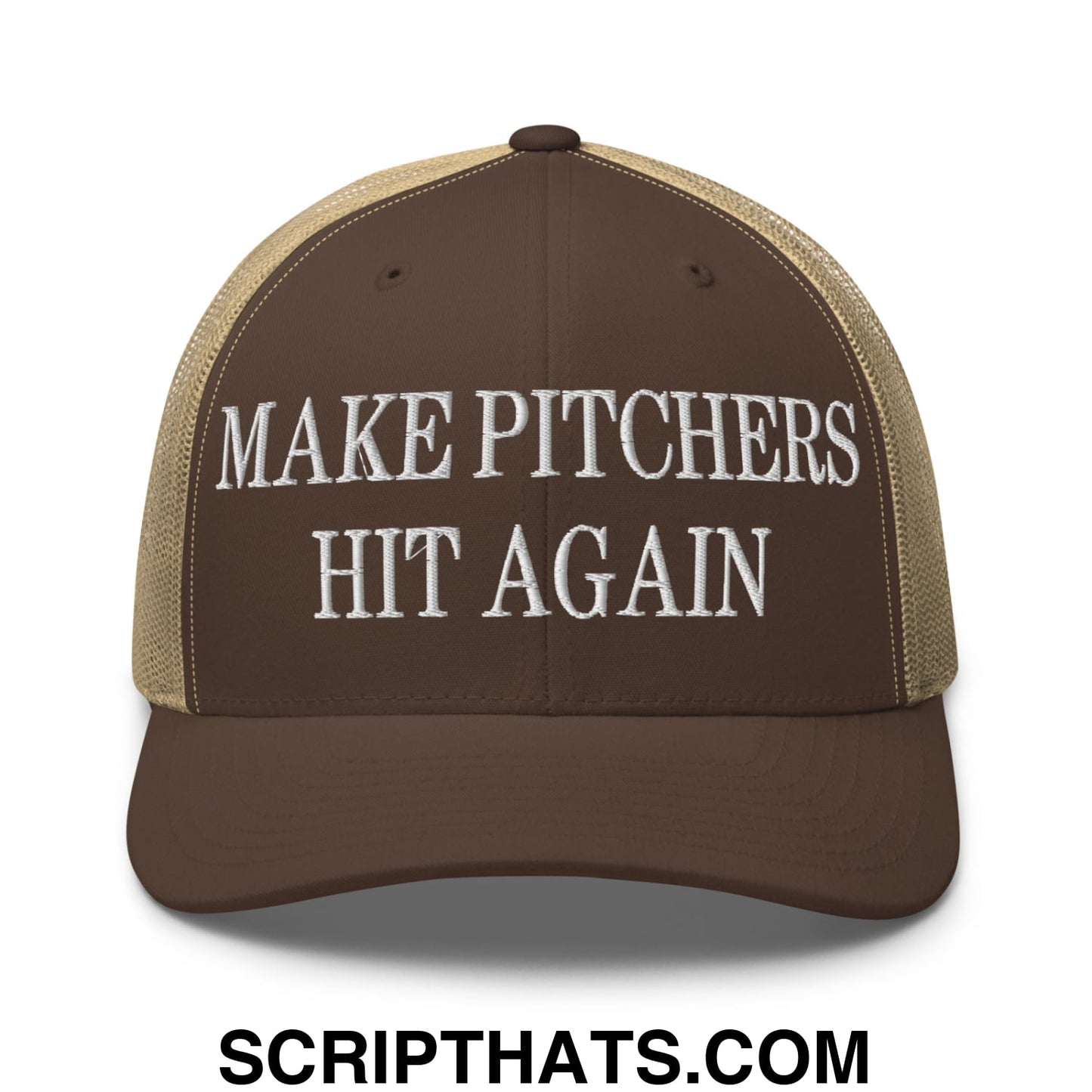 Brown and tan mesh trucker hat with white embroidered make pitchers hit again text on the front panel