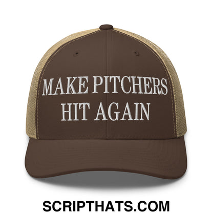 Brown and tan mesh trucker hat with white embroidered make pitchers hit again text on the front panel