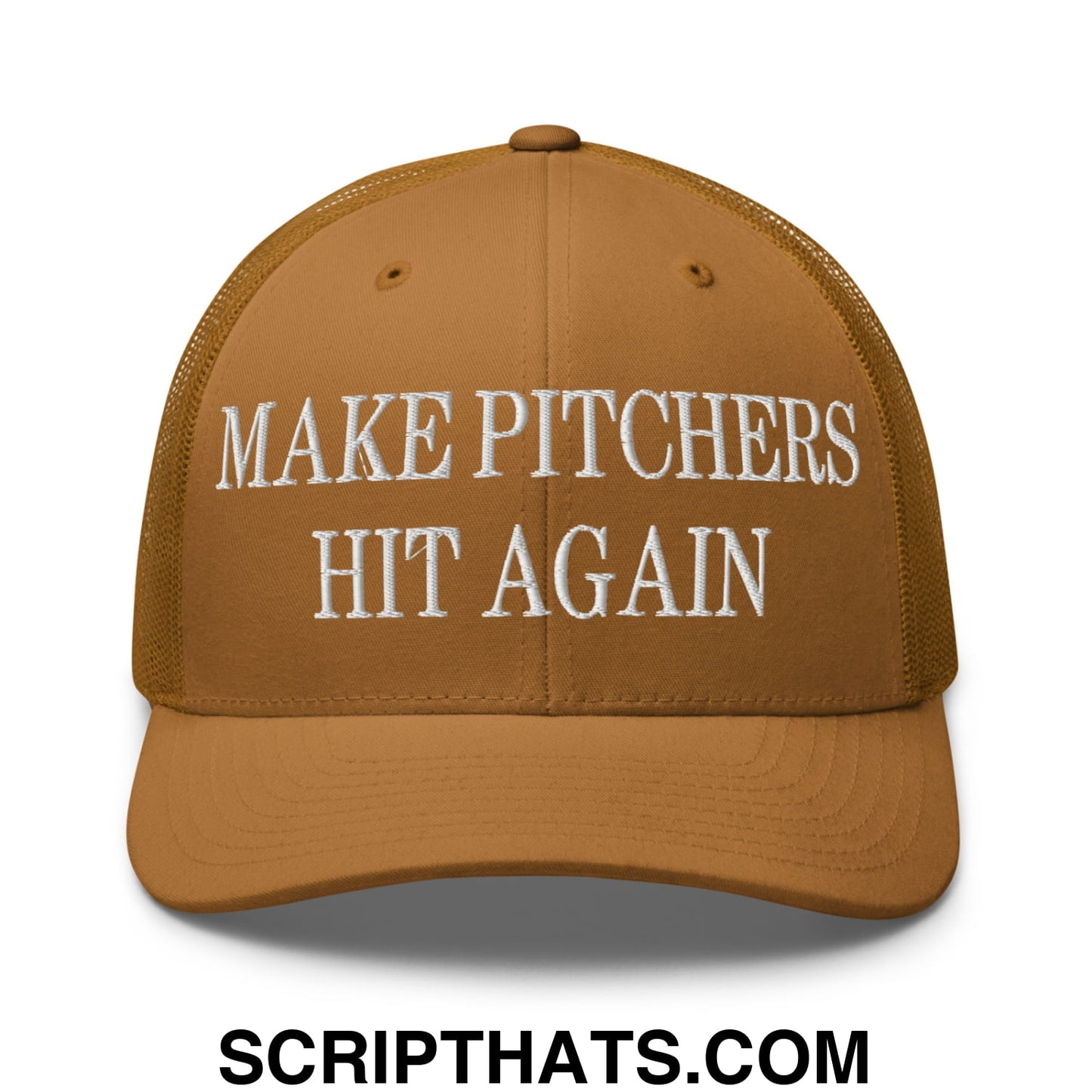 A tan mesh trucker hat with white embroidered text reading make pitchers hit again on the front
