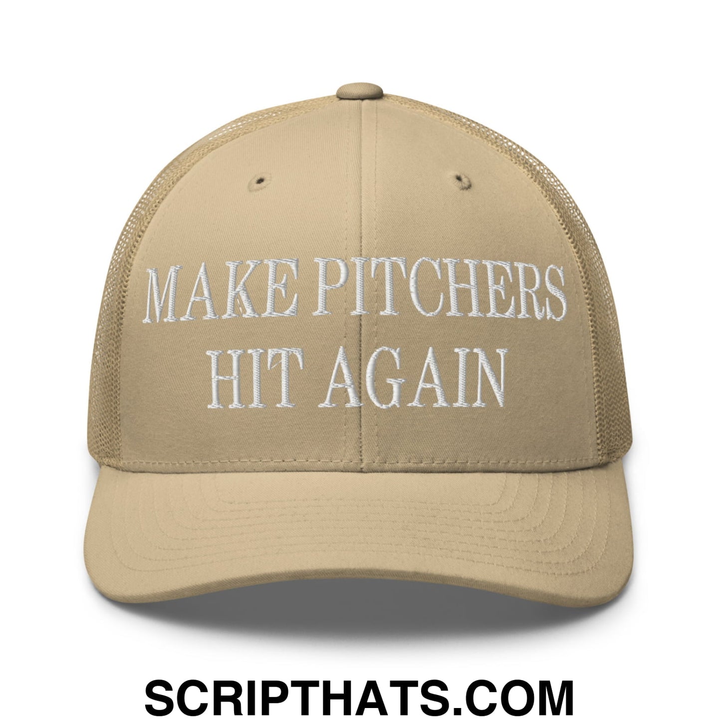 Beige mesh trucker hat with white embroidered text reading make pitchers hit again on the front panel