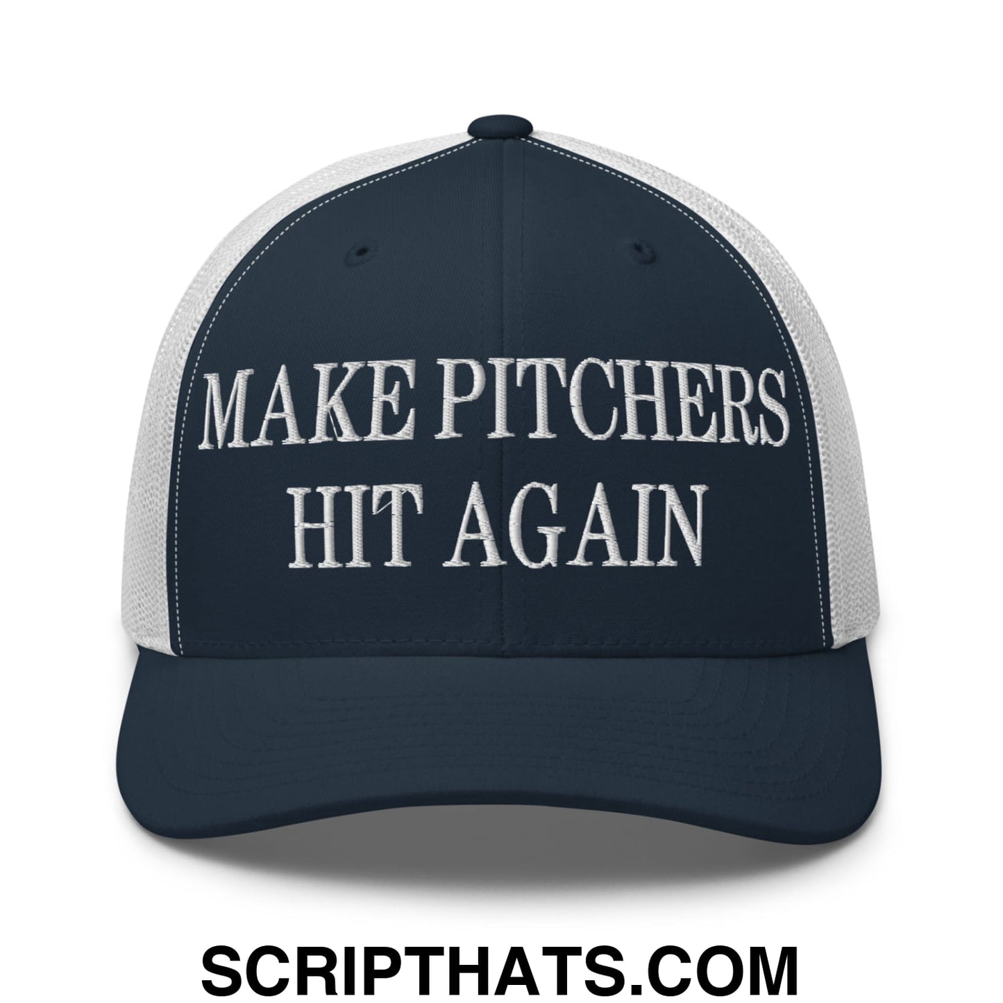 Navy blue and white mesh trucker hat with embroidered text make pitchers hit again for baseball fans