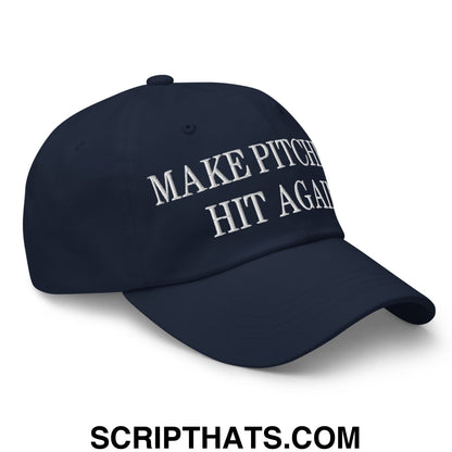 Navy blue unstructured dad hat with white embroidered text make pitch hit again for casual baseball wear