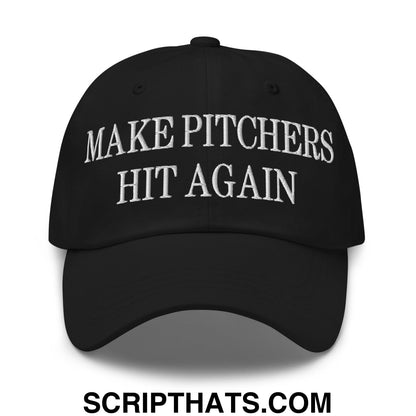 Black unstructured dad hat with white embroidered make pitchers hit again text for casual baseball wear