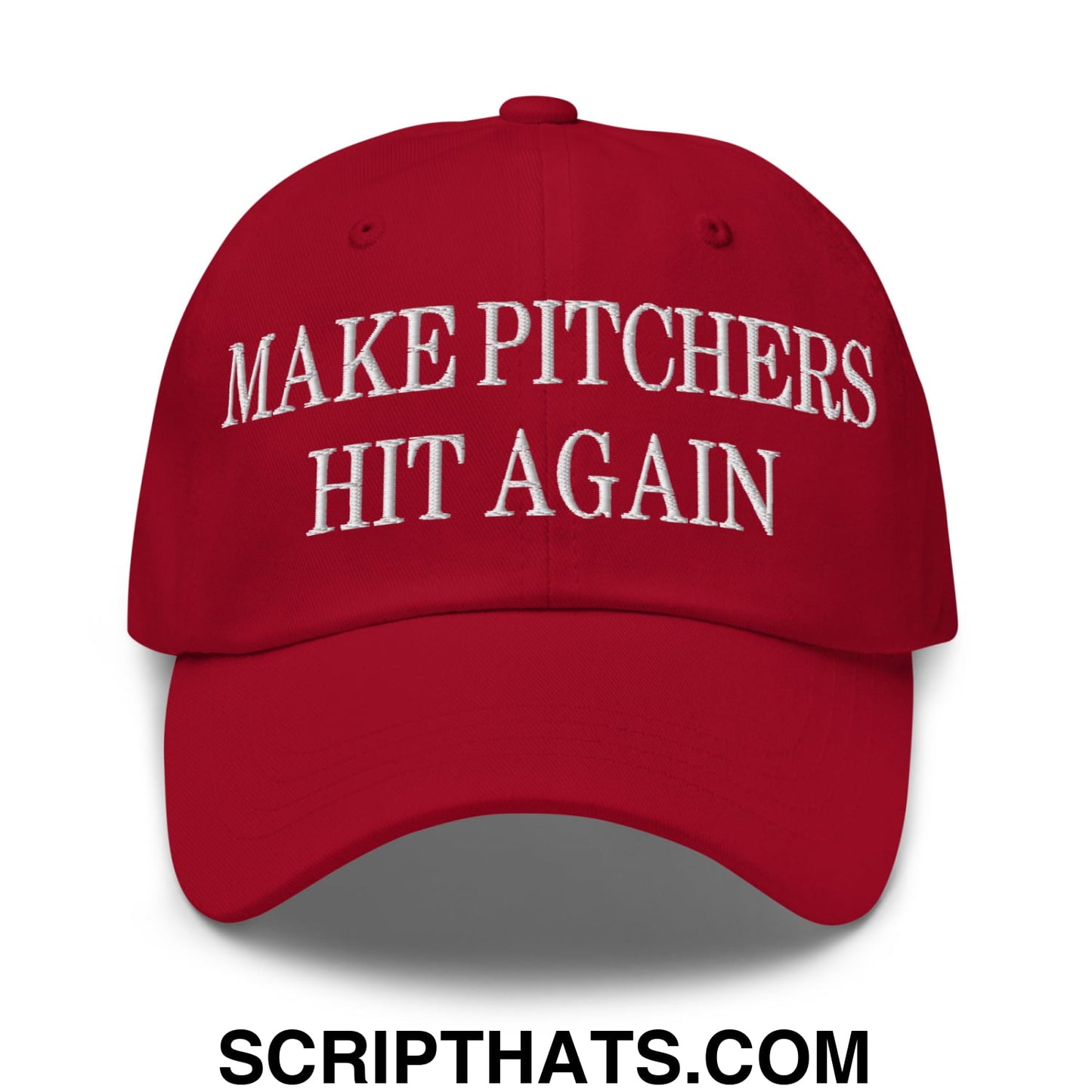 Red unstructured dad hat with white embroidered make pitchers hit again text perfect for casual wear