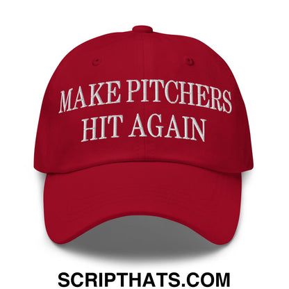 Red unstructured dad hat with white embroidered make pitchers hit again text perfect for casual wear
