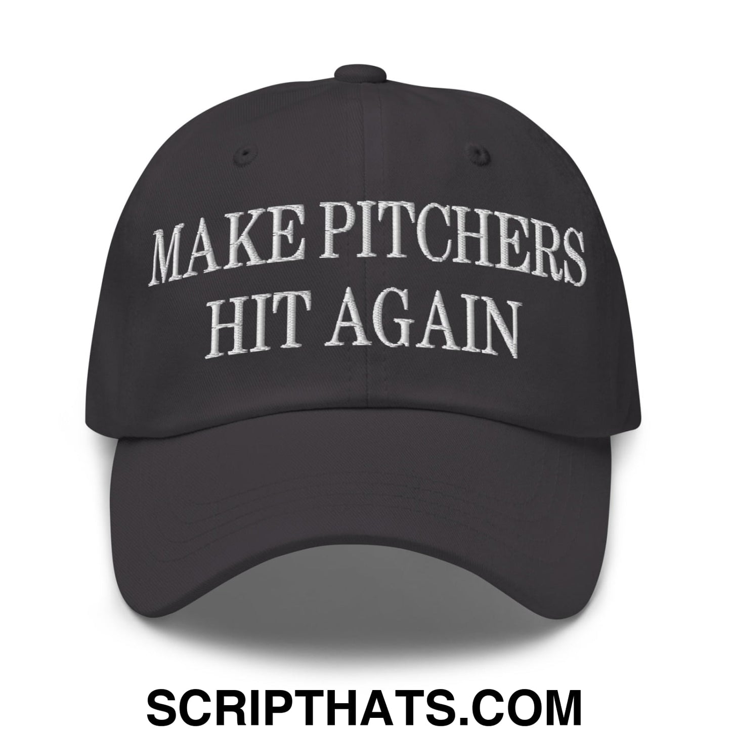 Black unstructured dad hat with white embroidered make pitchers hit again text perfect for casual wear