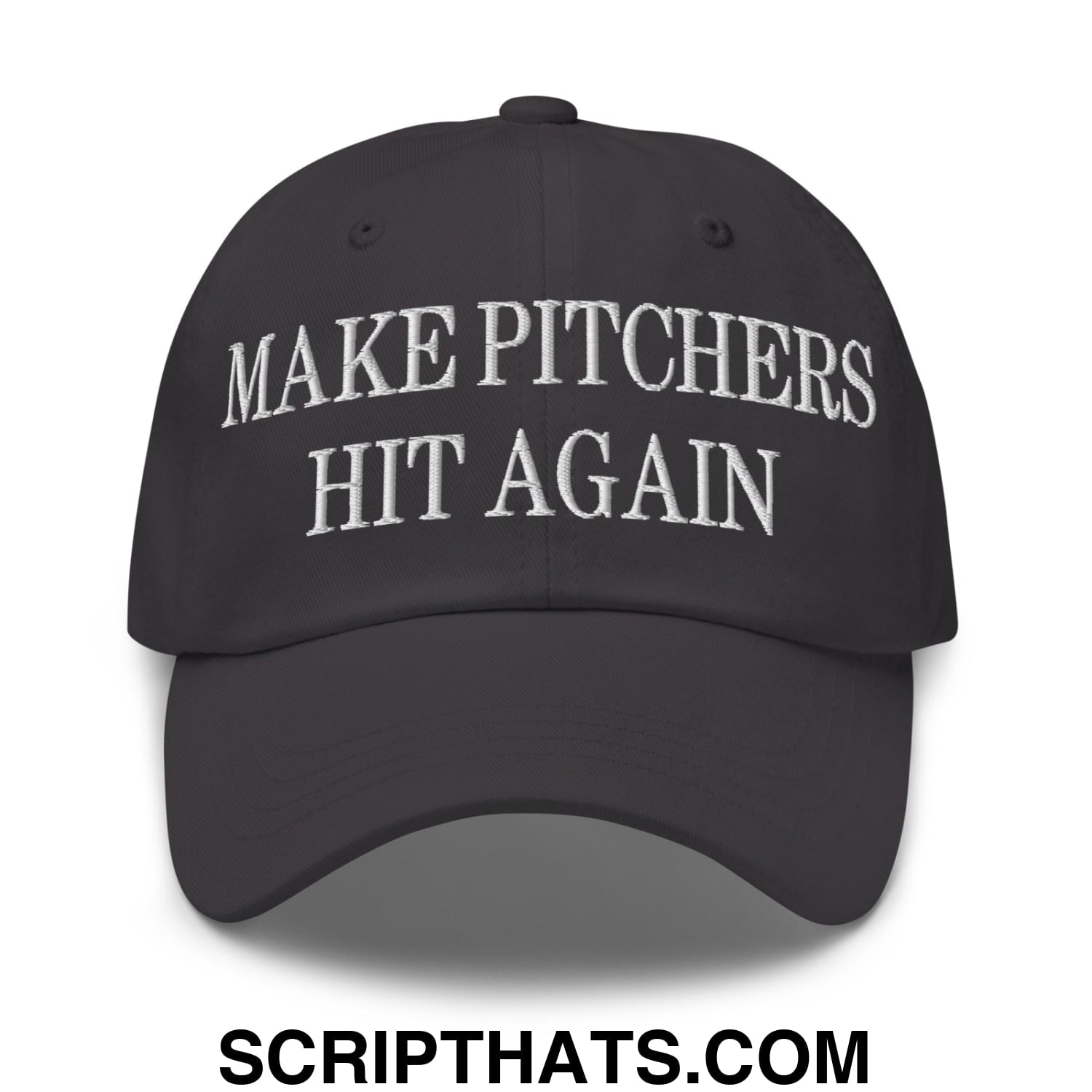 Black unstructured dad hat with white embroidered make pitchers hit again text perfect for casual wear