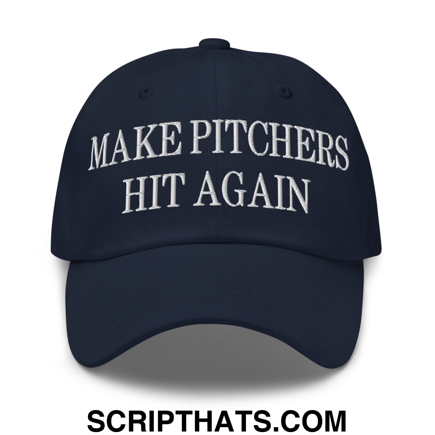Navy blue unstructured dad hat with white embroidered text make pitchers hit again featuring a baseball cap design