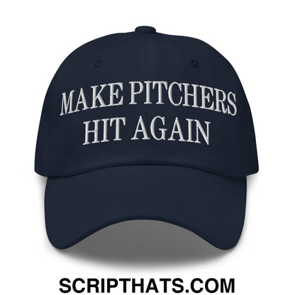 Navy blue unstructured dad hat with white embroidered text make pitchers hit again featuring a baseball cap design