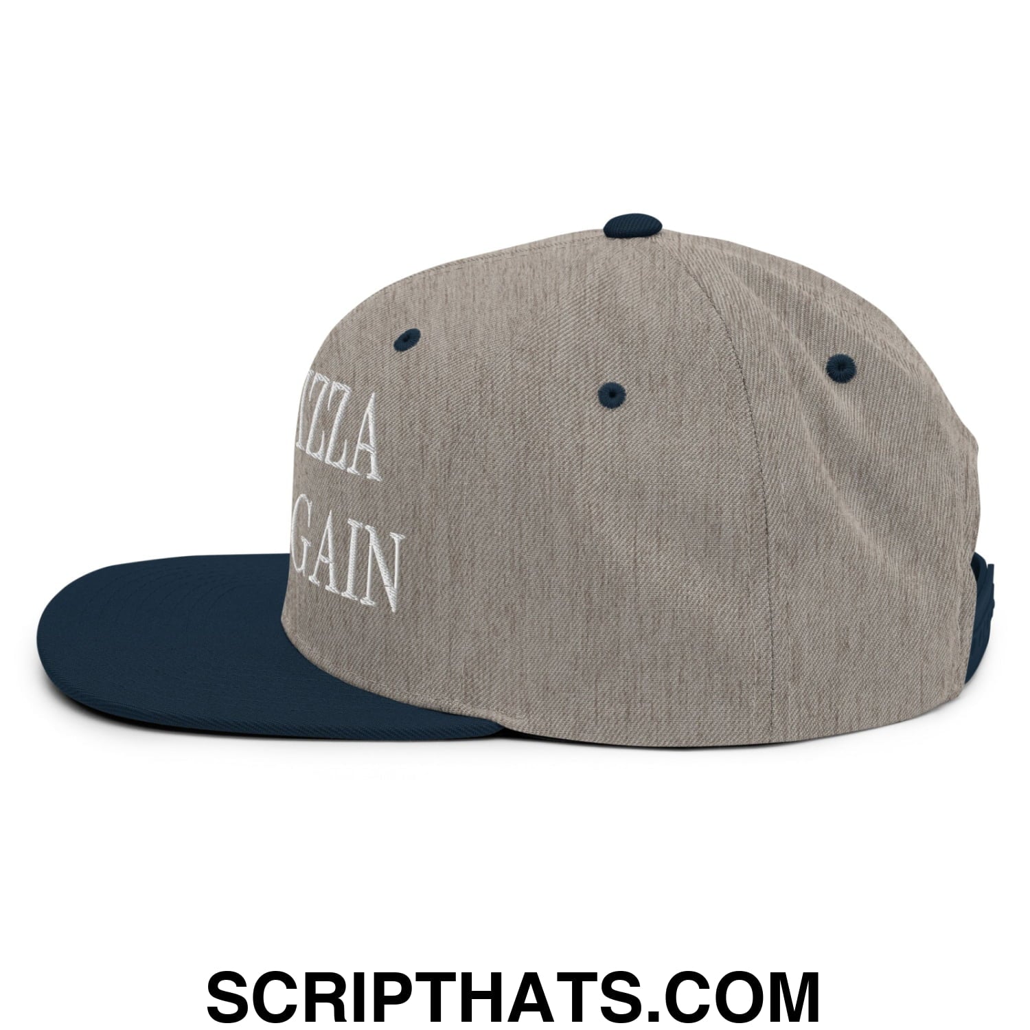 Make Pizza Great Again Embroidered Flat Bill Brim Snapback Hat Heather Grey Navy