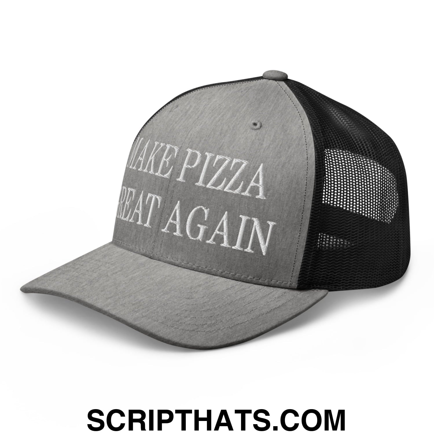Make Pizza Great Again Embroidered Mesh Trucker Hat Heather Black