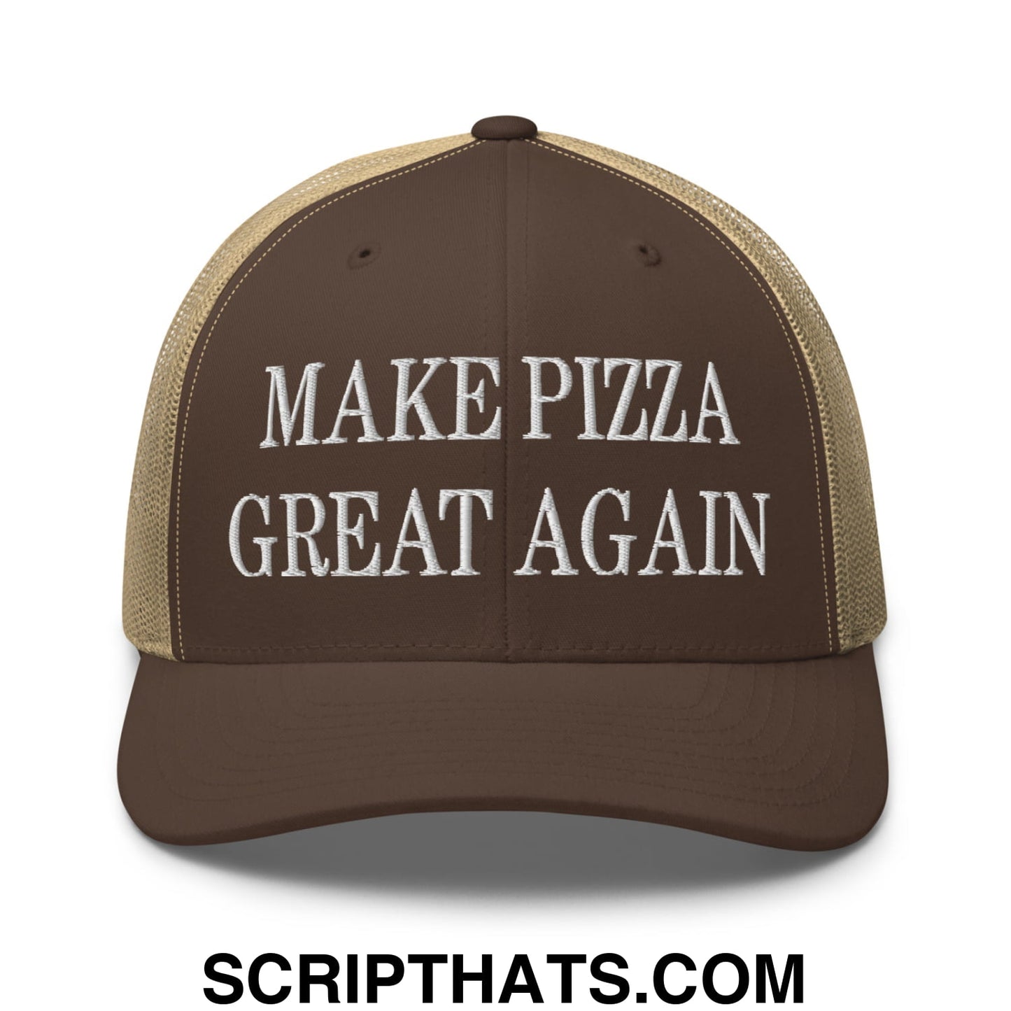 Make Pizza Great Again Embroidered Mesh Trucker Hat Brown Khaki