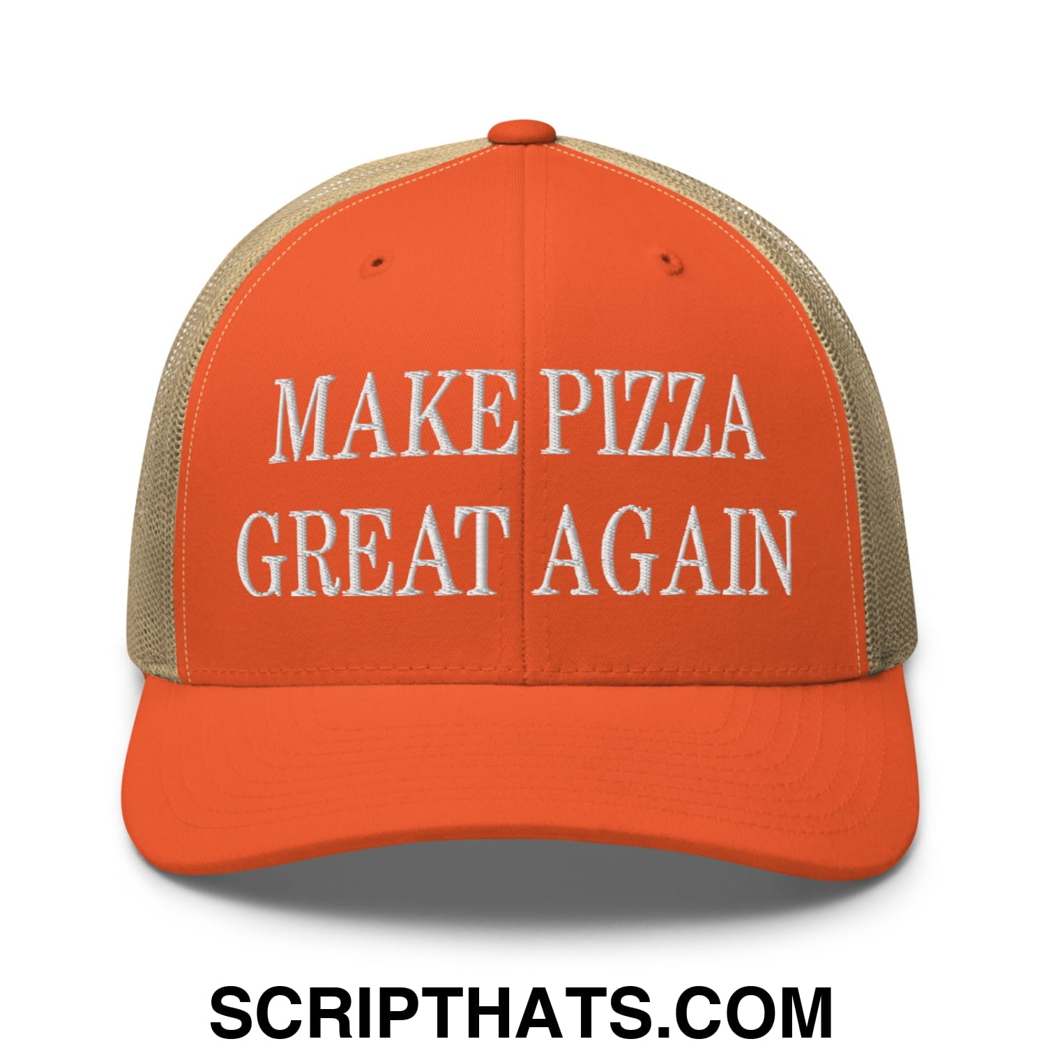 Make Pizza Great Again Embroidered Mesh Trucker Hat Rustic Orange Khaki