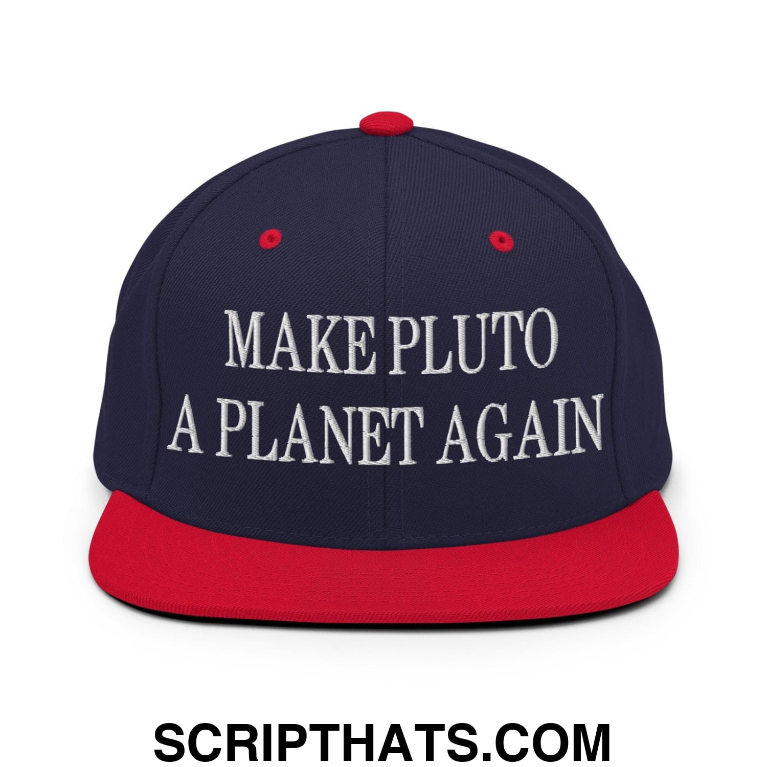 Make Pluto a Planet Again Embroidered Flat Bill Brim Snapback Hat Navy Red