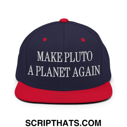 Make Pluto a Planet Again Embroidered Flat Bill Brim Snapback Hat Navy Red