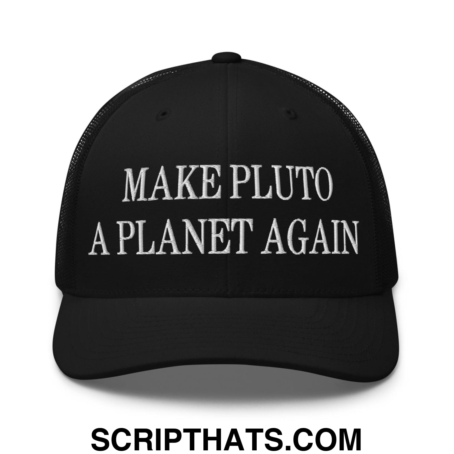 Make Pluto a Planet Again Embroidered Mesh Trucker Hat Black