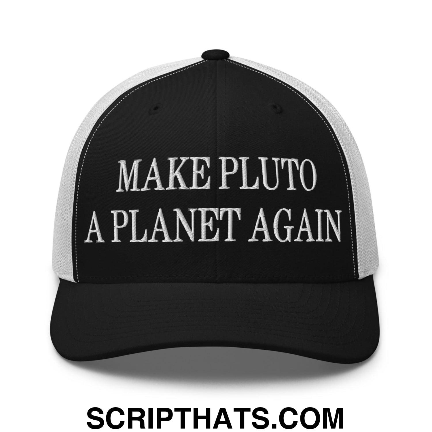 Make Pluto a Planet Again Embroidered Mesh Trucker Hat Black White