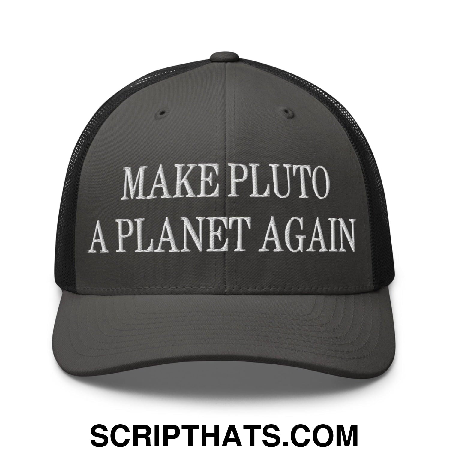 Make Pluto a Planet Again Embroidered Mesh Trucker Hat Charcoal Black