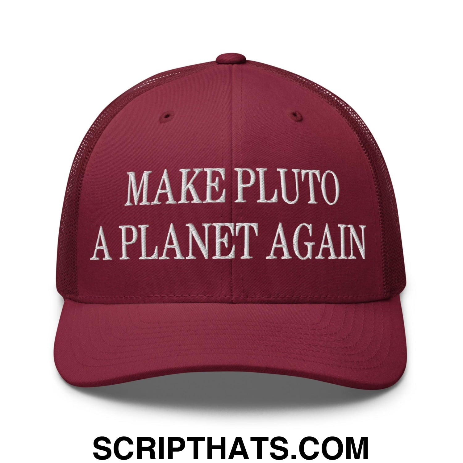 Make Pluto a Planet Again Embroidered Mesh Trucker Hat Cranberry