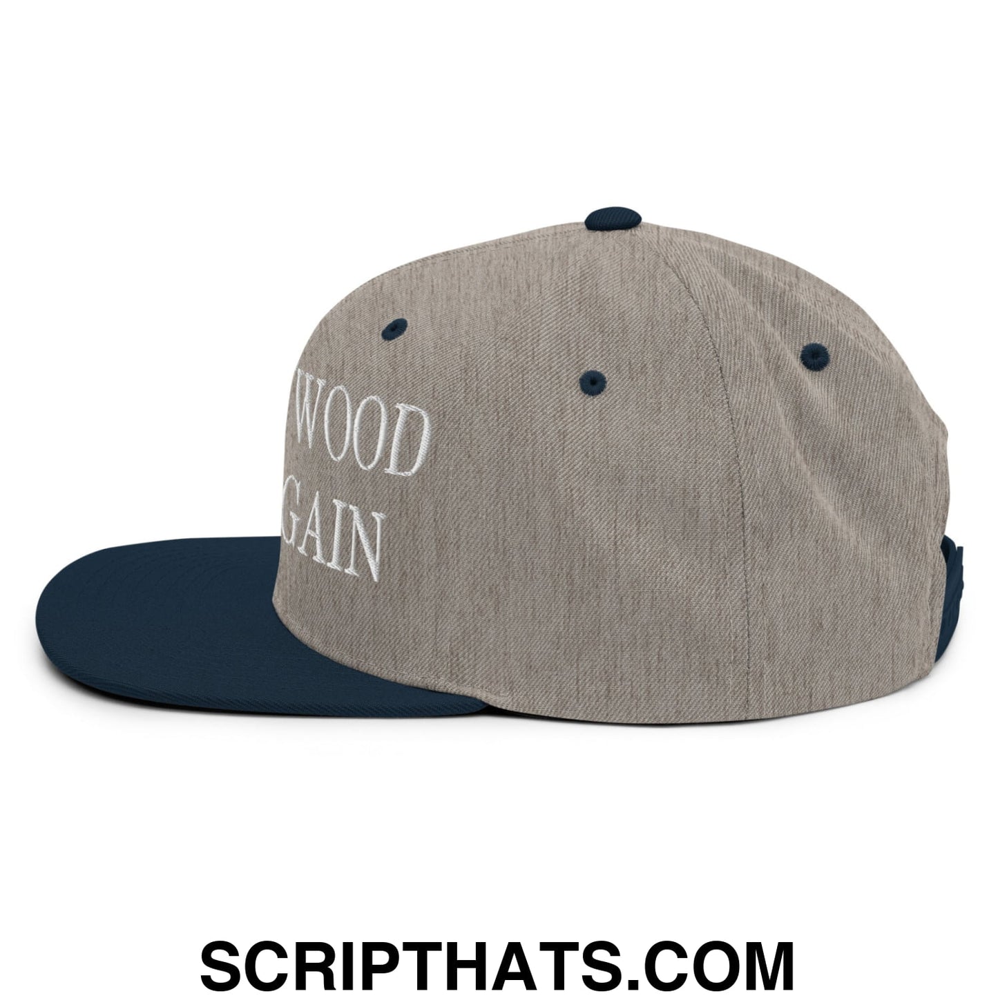 Make Plywood Cheap Again Embroidered Flat Bill Brim Snapback Hat Heather Grey Navy